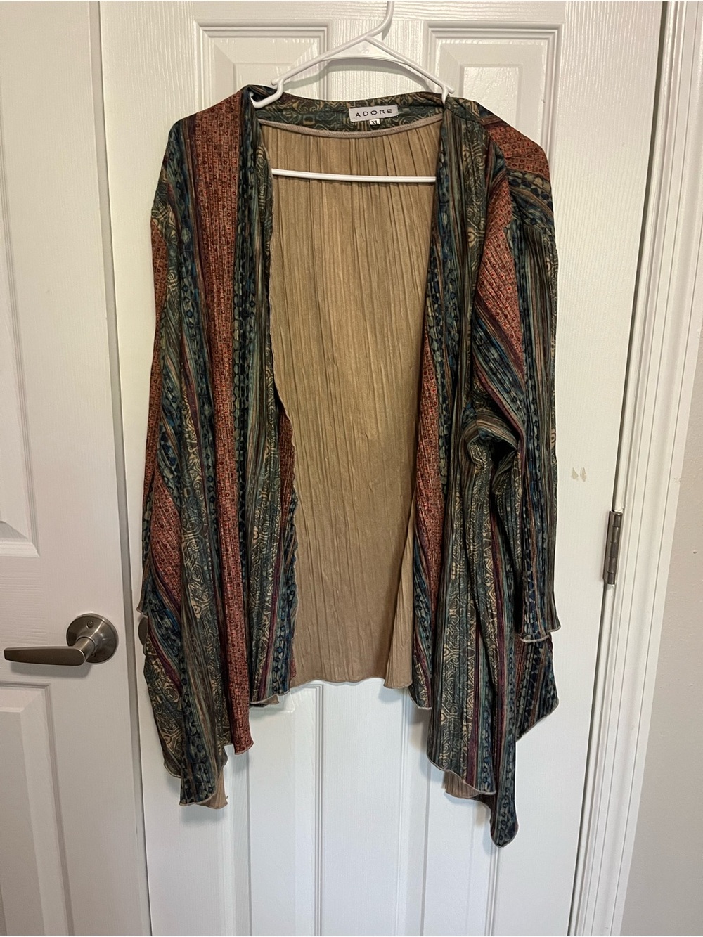 Adore Draped Open-Front Cardigan in Rust, Tan & Forest Green